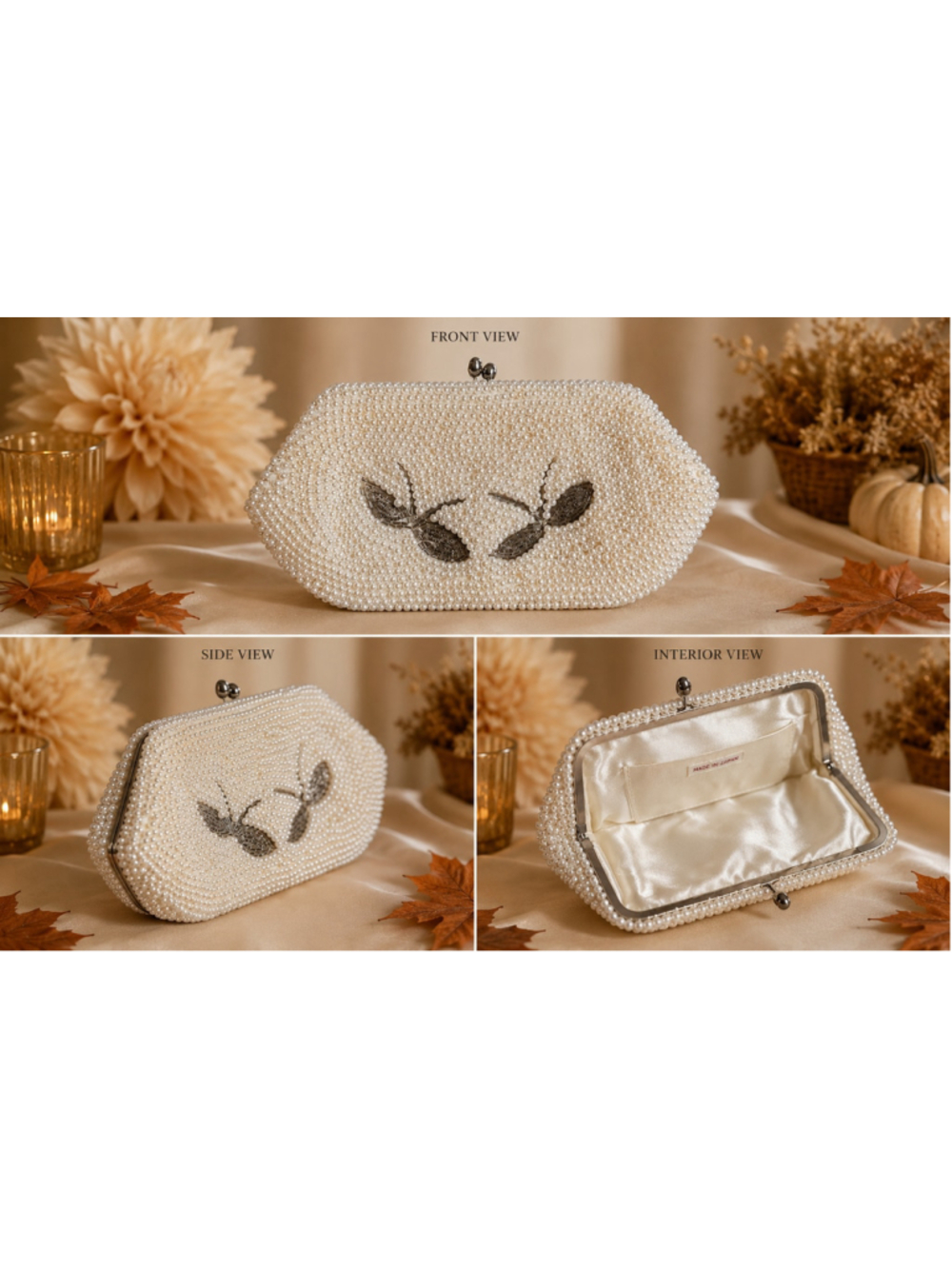 Vintage Made in Japan Pearl Beaded Evening Clutch Purse Silver Leaf Bridal Forma